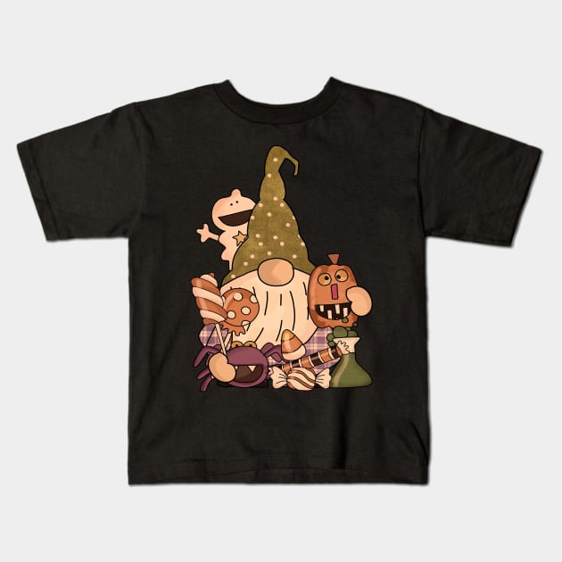 Vintage Retro Halloween Gnomes Pumpkin Candies Kids T-Shirt by koolteas